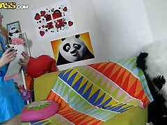 The horny Panda found this time a angel obsessed with him! This beauty has a poster with panda on the wall and draws a picture of him now. She's so slutty and cheerful that lastly panda visited her but does she knows what his intentions are? Well she maybe a bit innocent and stupid but that's how panda likes it!