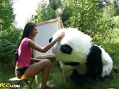 Mr. Panda is outside in the centre of nature and the thin brunette sweetheart that's with him wishes to prove him what an artist this sweetheart is. Well, this sweetheart may not be priceless at painting but this sweetheart surely knows how to make him cheerful by sucking his big panda cock. Stay with 'em and have a fun the wilderness of the forest and much more